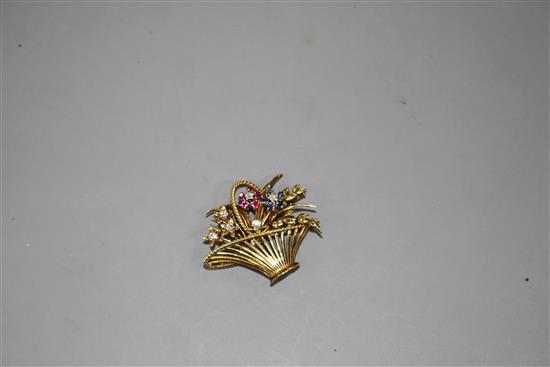 A 1960s 14ct gold, ruby, sapphire and diamond set giardinetto (basket of flowers) brooch, 4cm, gross 13.1 grams.